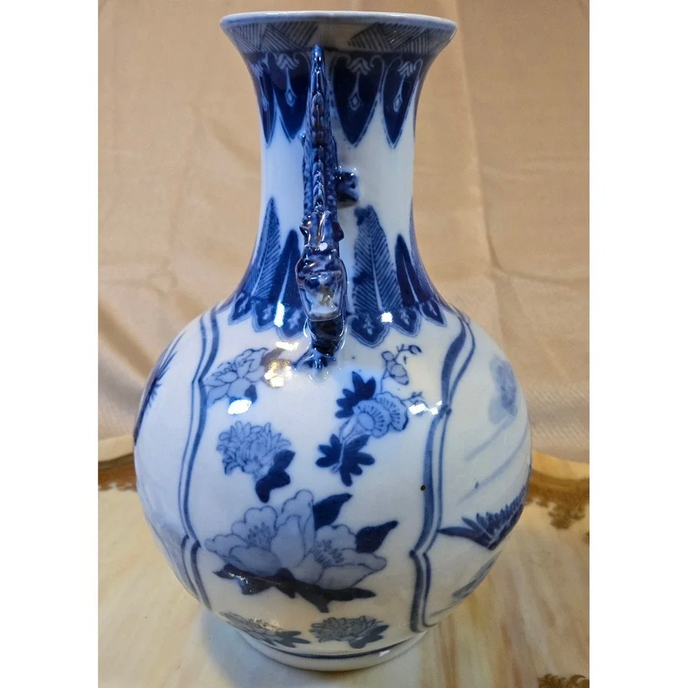 Vintage Chinese Blue White Porcelain Dragon Phoenix Vase Dragon Handles 10